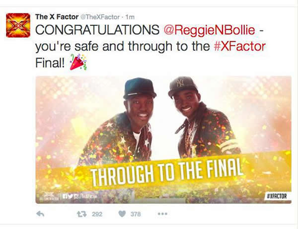 X Factor congratulate Reggie and Bollie